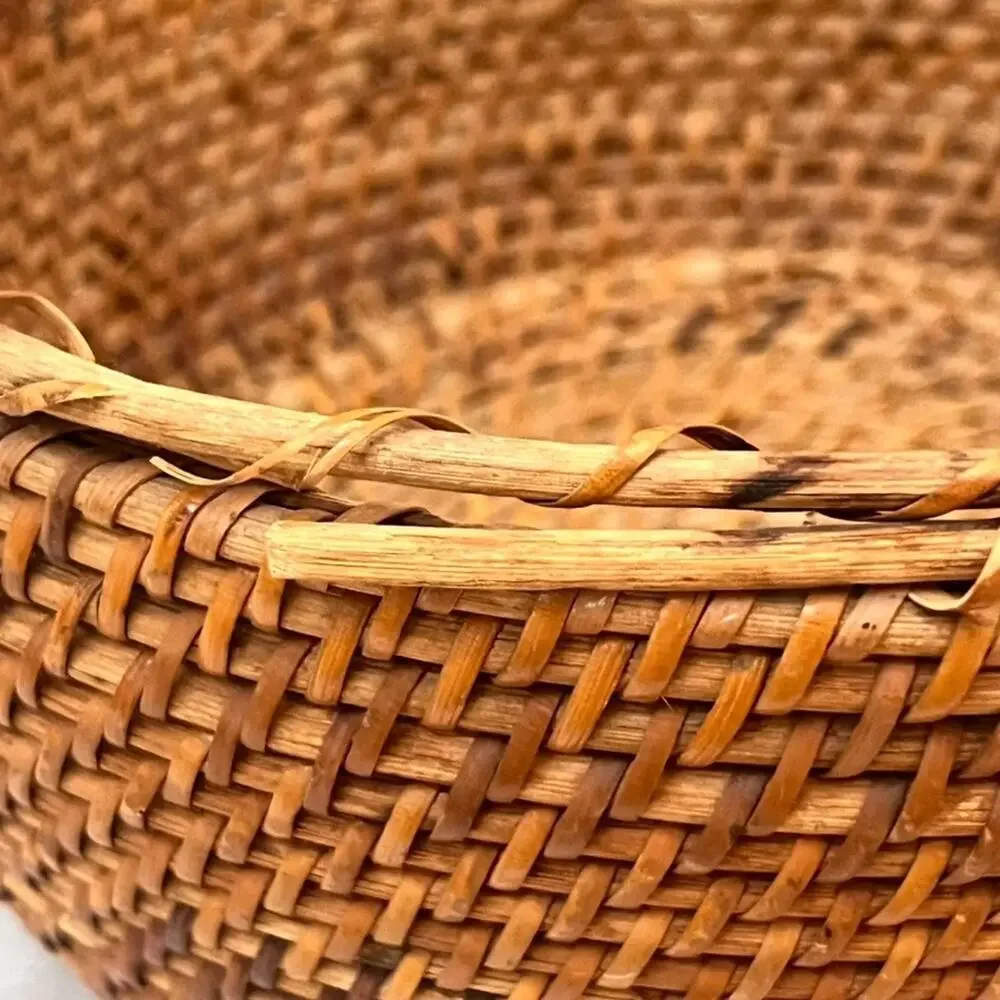 Natural Rattan Round Fruit Basket Weaved Aged Patina 10.5